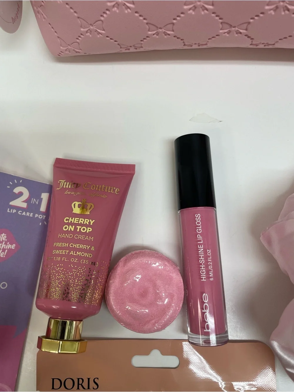 Pink Quilted Cosmetic Pouch Gift Set with Pink Lip Care Face Mask 8 pieces